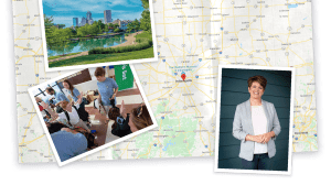 Collage of map and photo of Indiana, photo of Angie Hicks, and photo of children in a classroom