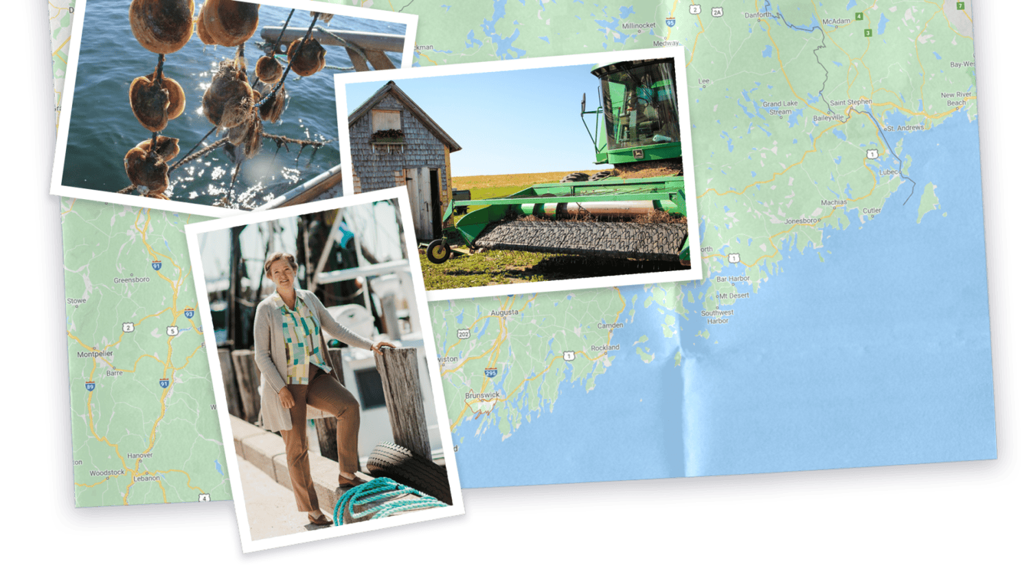 Collage of map and photo of Maine and photo of Betsy Biemann