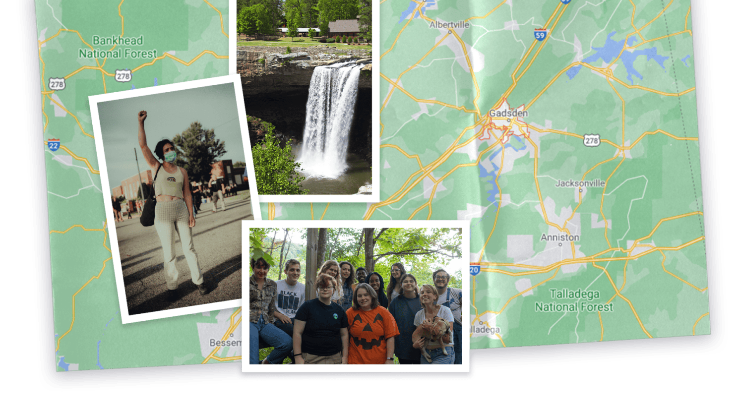 A collage of photos on top of a map of Alabama