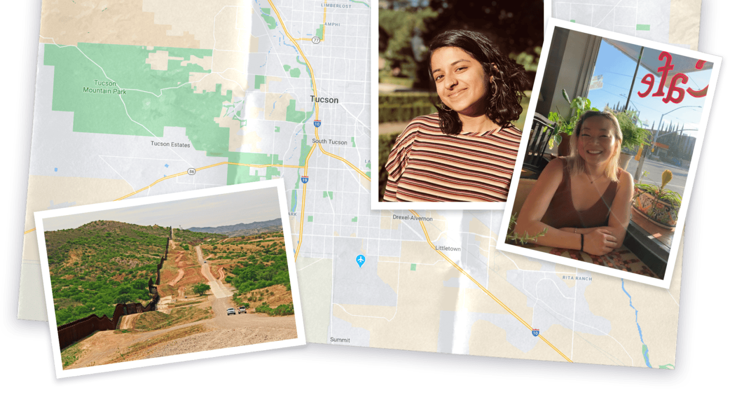Collage of map and images of Arizona and photo of Vivekae Kim and Meena Venkataramanan