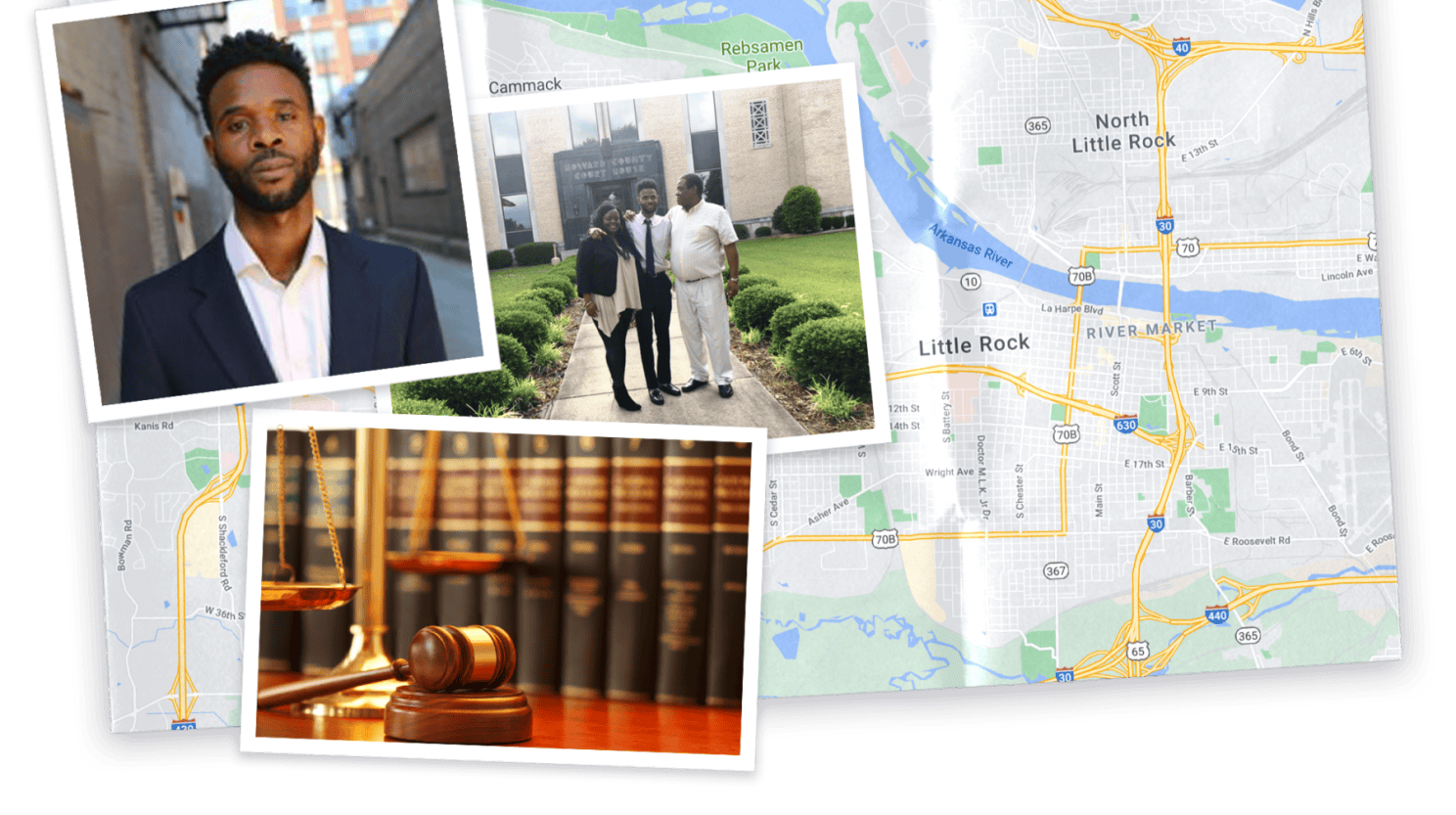 A collage of images of Omavi with a map of Arkansas