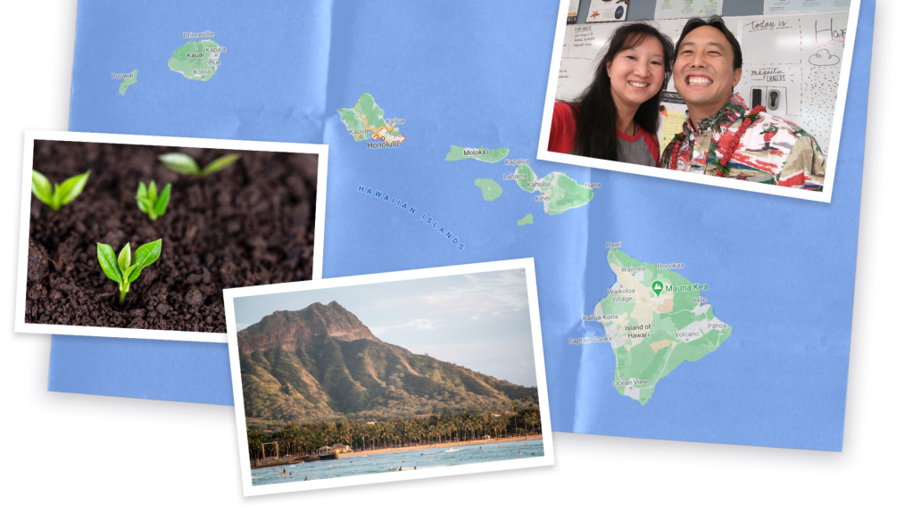 Collage of map and images of Hawaii and photo of Ken Kakesako