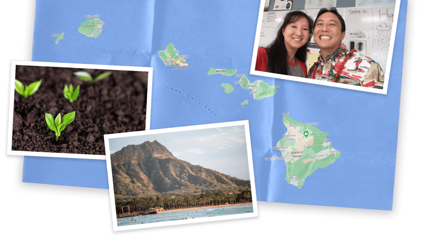 Collage of map and images of Hawaii and photo of Ken Kakesako