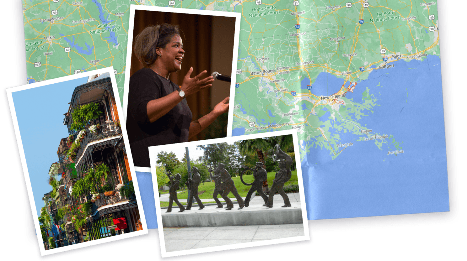 Collage of map of Louisiana and photo of Gwen Thompkins