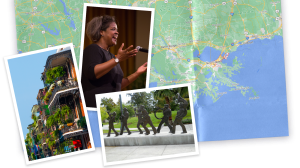 Collage of map of Louisiana and photo of Gwen Thompkins