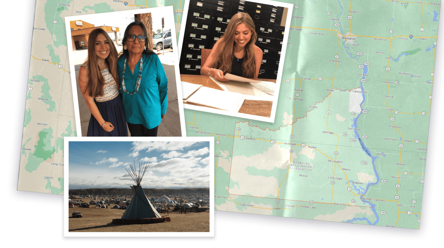 Collage of map and image of North Dakota and photos of Sarah Sadlier