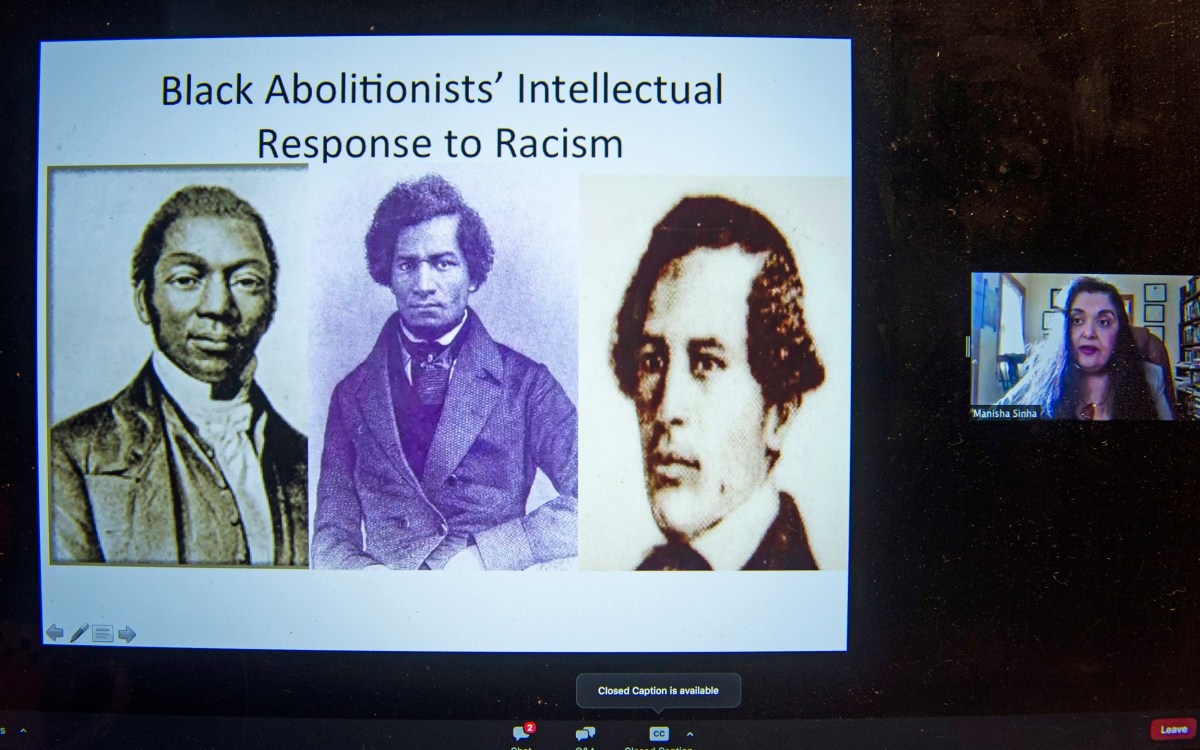 Zoom screen with James W.C. Pennington, Frederick Douglass, and William Wells Brown.