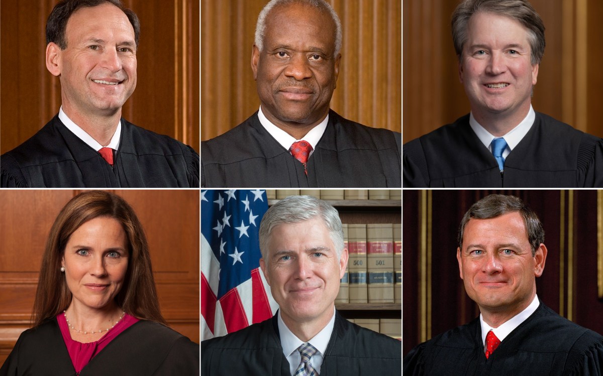 Supreme Court Justices Samuel Alito, Clarence Thomas, Brett Kavanaugh, Amy Coney Barrett, Neil Gorsuch, and John Roberts.