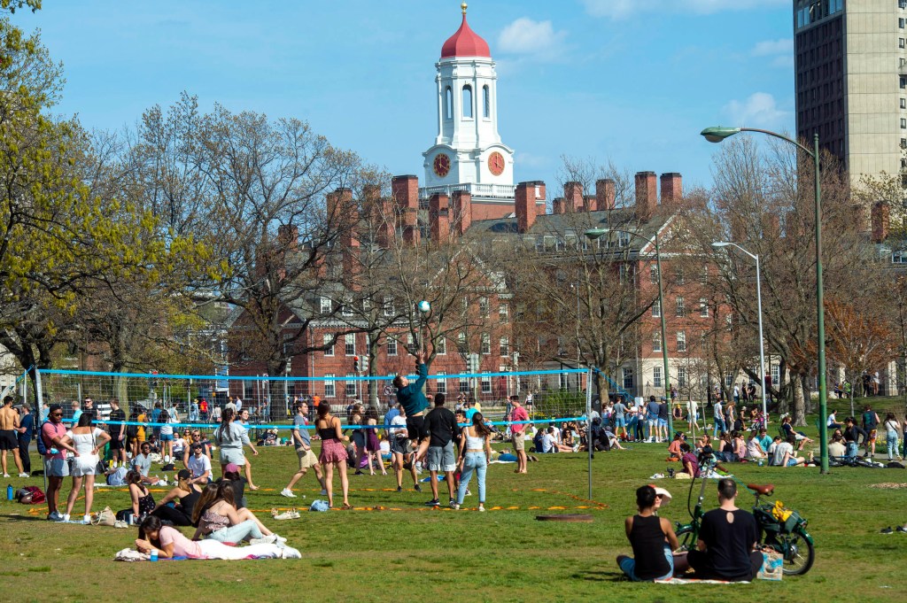 Members of the Cambridge community gather on the lawn by the Weeks Footbridge along Memorial Drive.