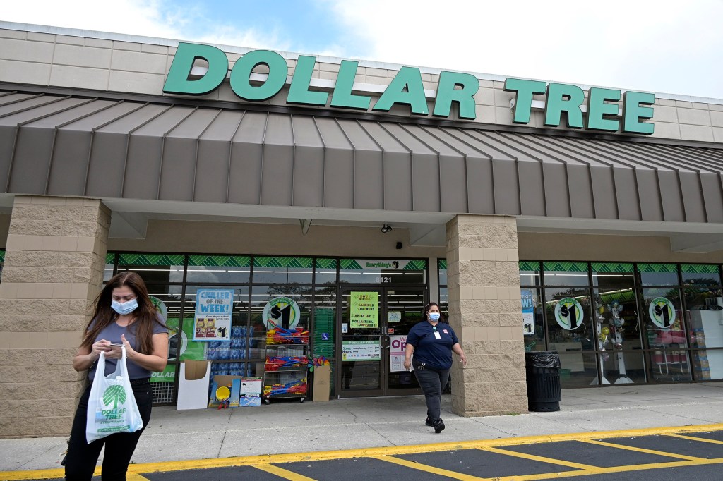 Customers leave a Dollar Tree.