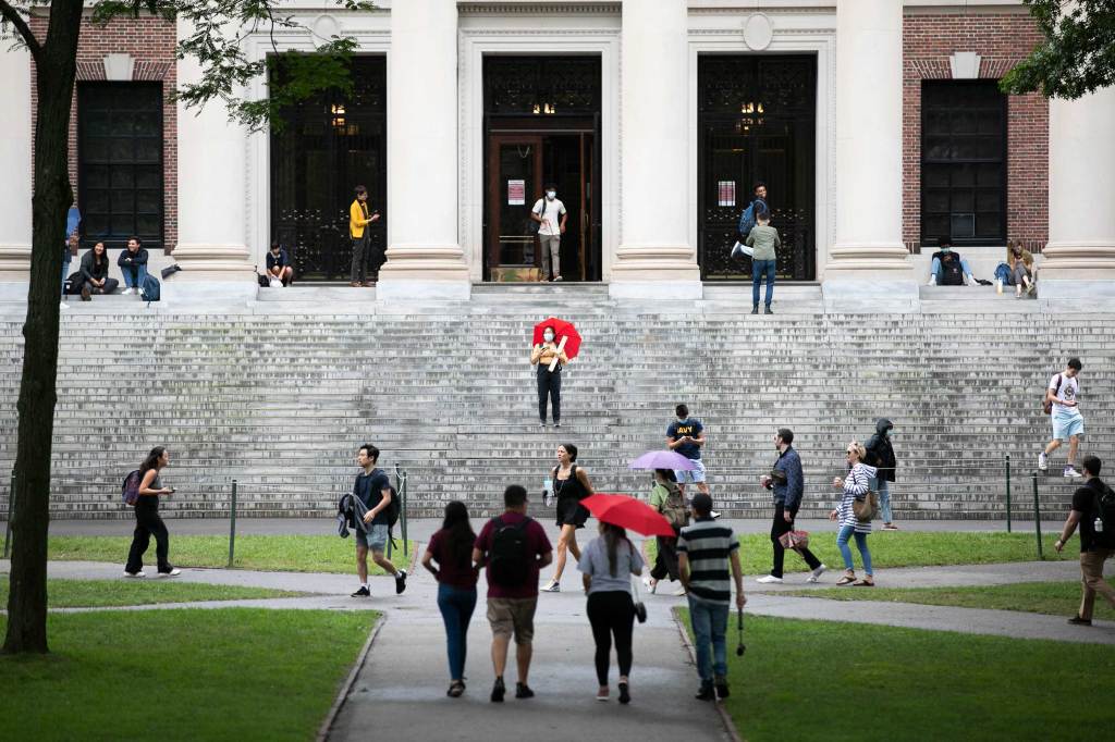 Widener Library with students.