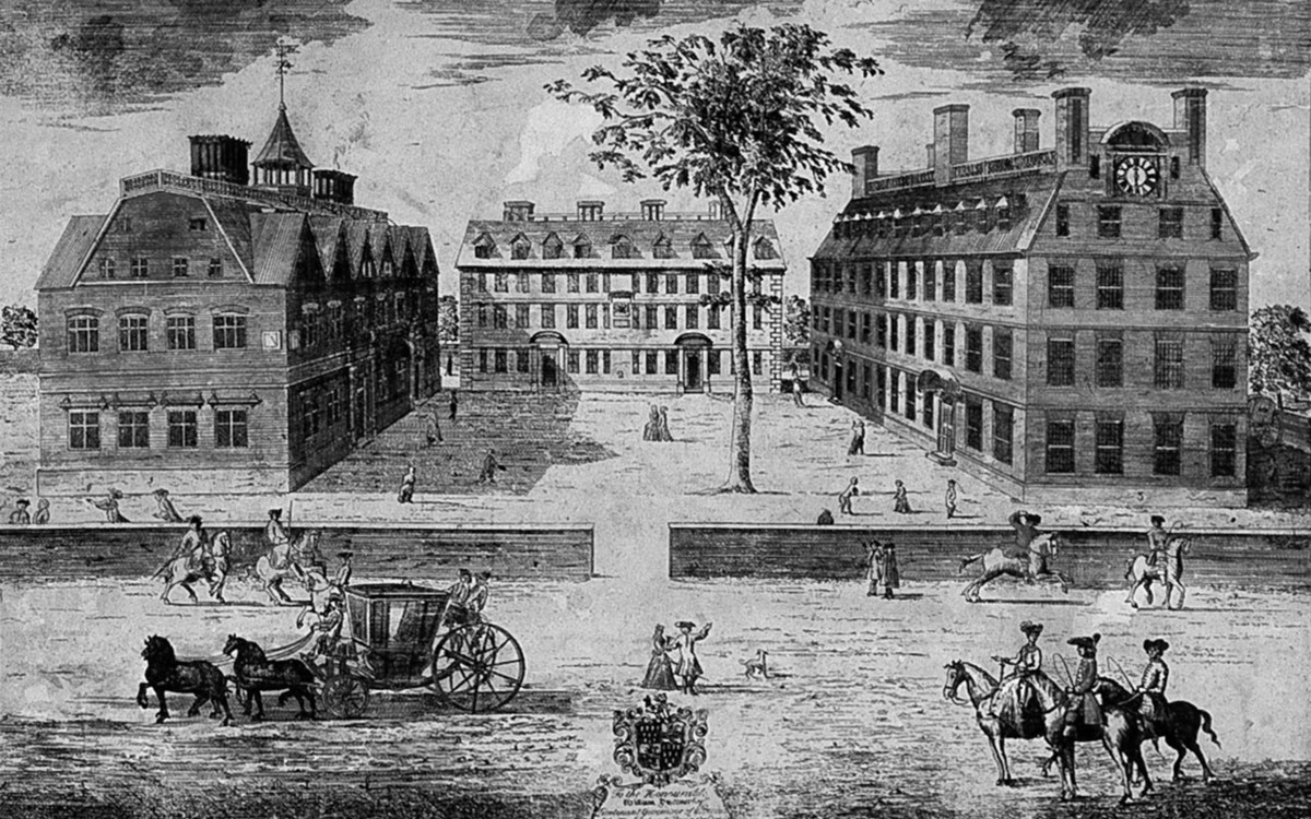 Engraving of Harvard in 1726. "A Prospect of the Colledges in Cambridge in New England," William Burgis, 1726.