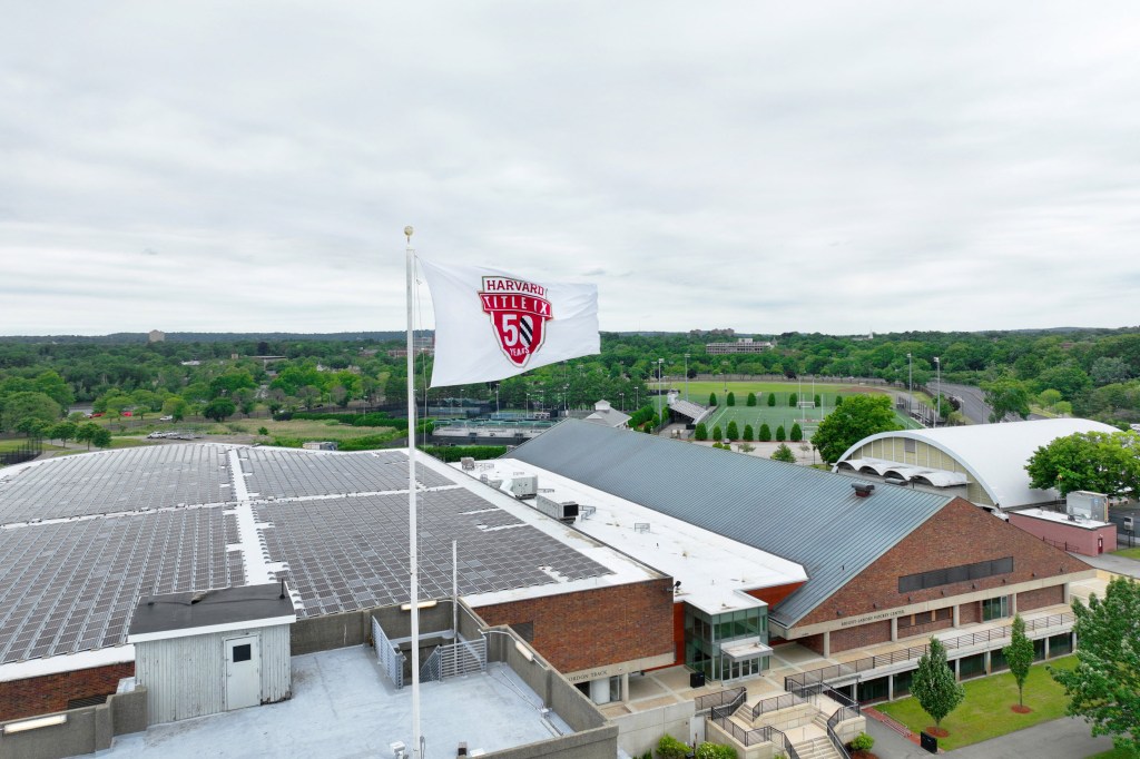 Harvard flag flying over stadium