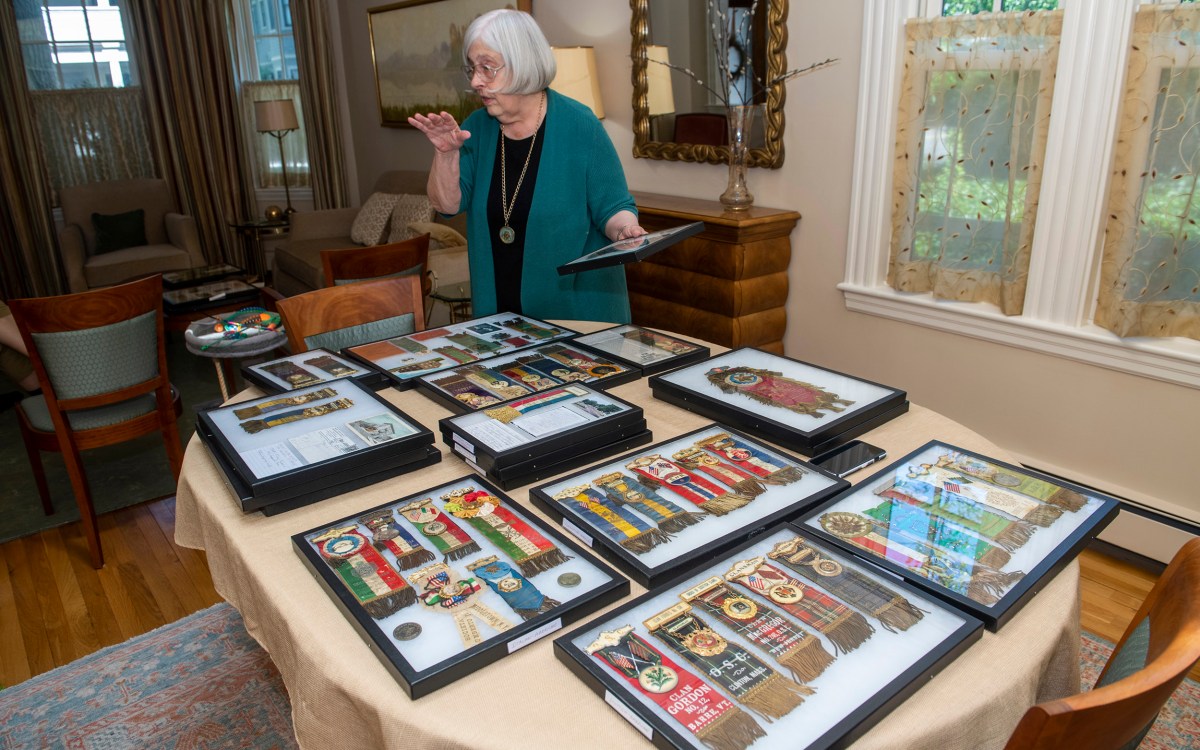 Theda Skocpol displays collection of badges.