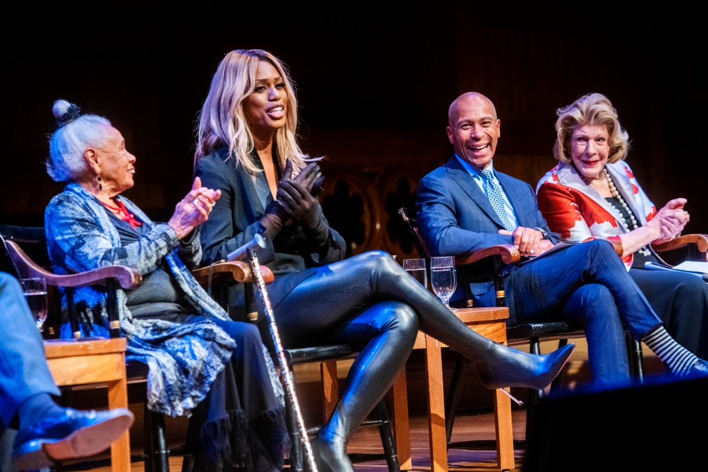 Betye Saar (from left), Laverne Cox, Deval Patrick, and Agnes Gund onstage at Sanders.