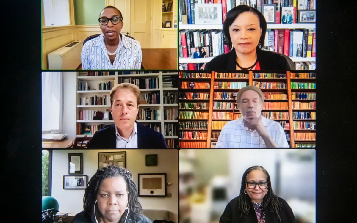 Claudine Gay (clockwise from top left), Tomiko Brown-Nagin, Sven Beckert, Vincent Brown, Annette Gordon-Reed, Evelynn Hammonds; Tiya Miles, and Sheree Ohen.