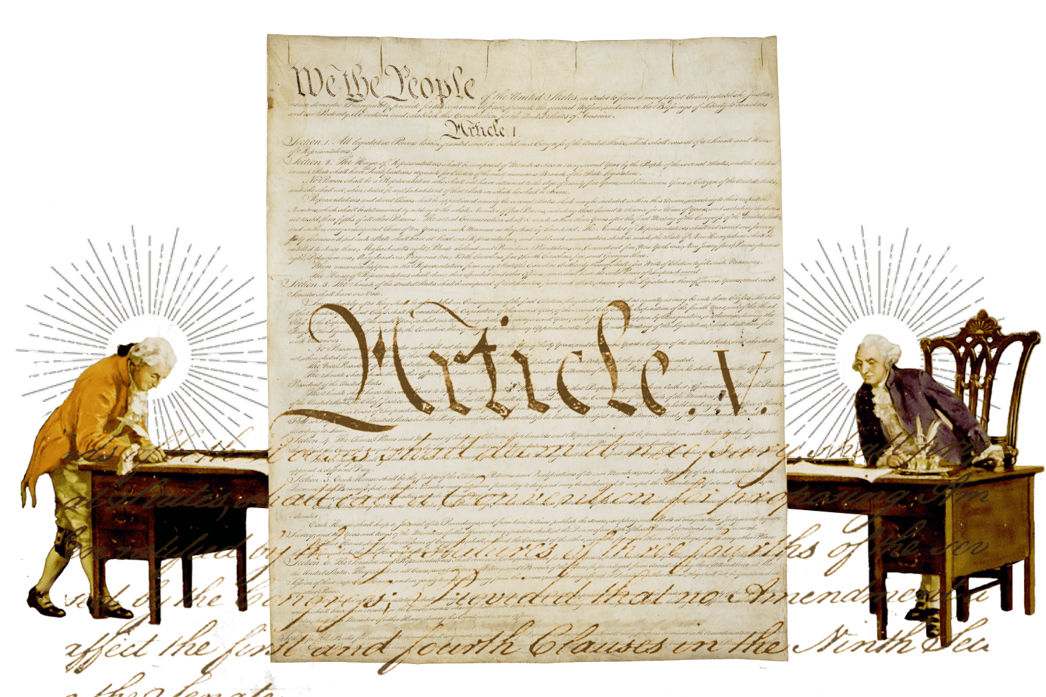 Collage of Framers and Constitution.
