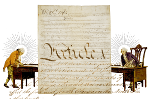 Collage of Framers and Constitution.