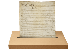 Collage of Constitution and ballot box.
