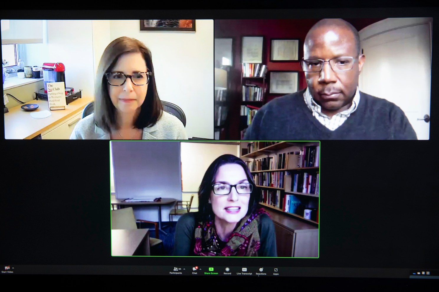 Zoom panel with Laurie Weingart (clockwise from top left), who was joined by Robert Livingston and Hannah Riley Bowles.