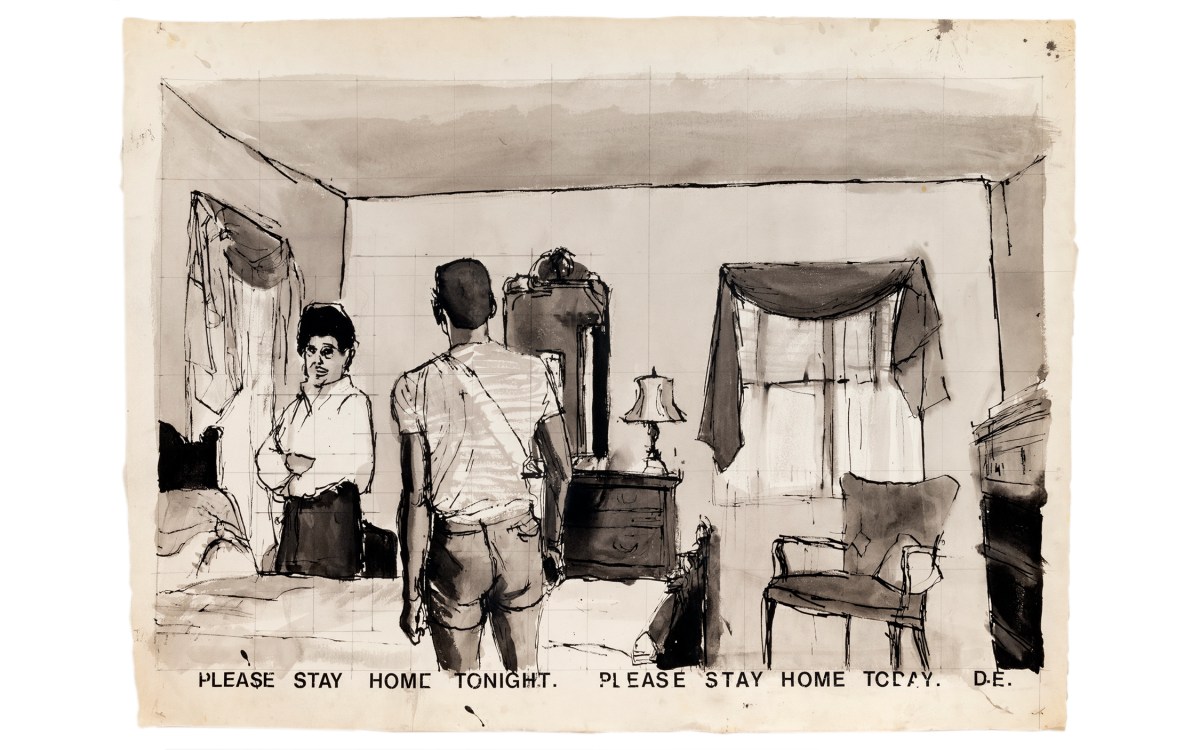 "Please Stay Home" drawing by Darrel Ellis depicting couple in bedroom.