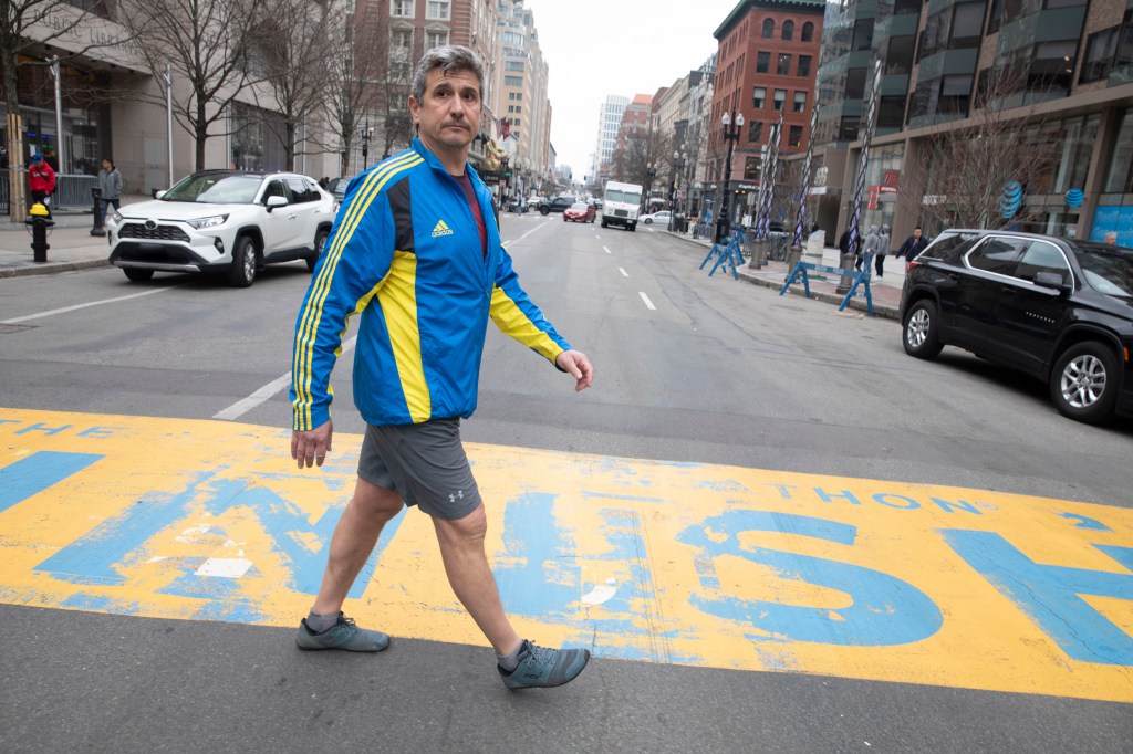 Michael Szonyi on Boylston Street at marathon finish line.