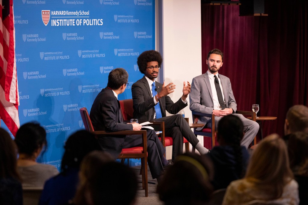 Tennessee Representative Justin J. Pearson, speaks during a conversation with March For Our Lives Founder David Hogg '23 moderated by Archon Fung,