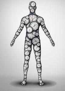 Illustration of person made up of clocks.