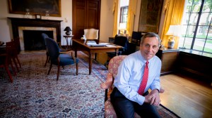 Larry Bacow in his Loeb House office on the first day of his presidency in July 2018.
