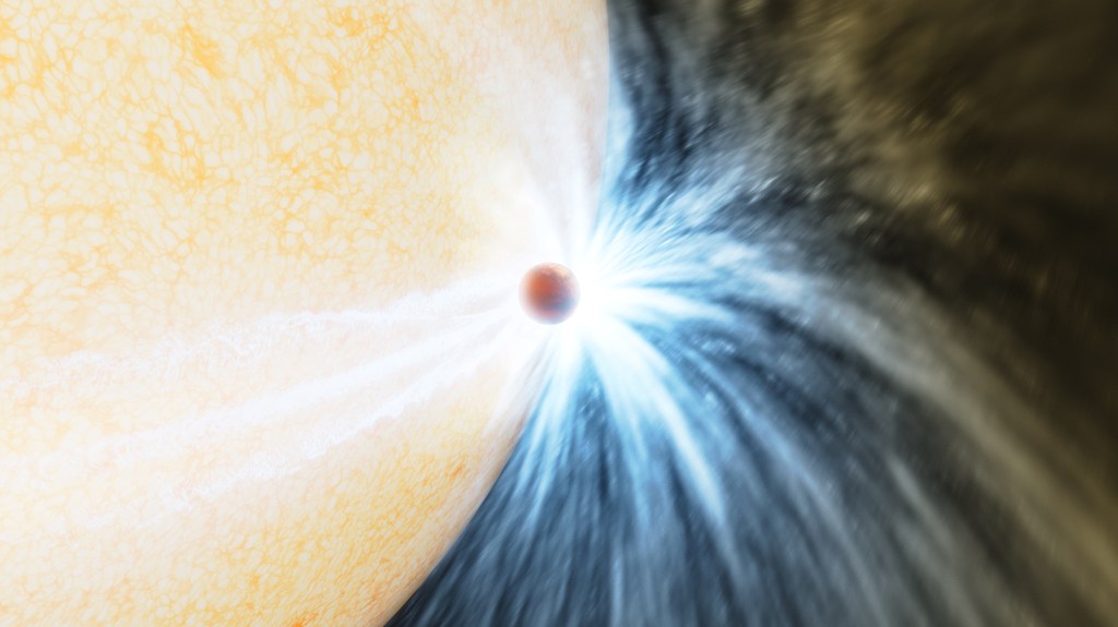 Illustration of star engulfing planet.