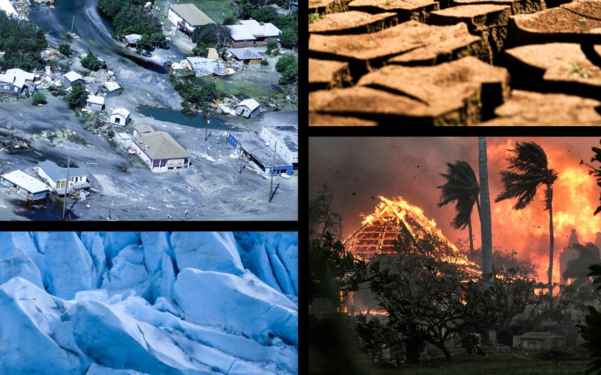 Collage of hurricane flooding, drought, wildfires, and melting glaciers.