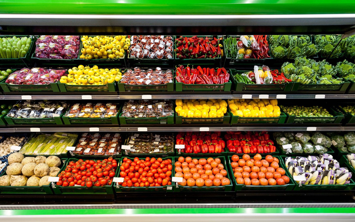 Produce line supermarket shelves.