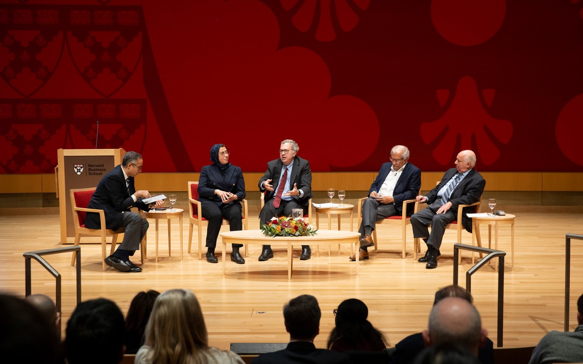 TPanelists Tarek Masoud (from left), Amaney Jamal, David Makovsky, Khalil Shikaki, and Shai Feldman at Klarman Hall.