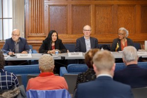 Panelists Daniel Ziblatt, (from left) Harvard, Manisha Sinha, Univ. of Connecticut, Gary Gerstle, Univ. of Cambridge, Carol Anderson, Emory.