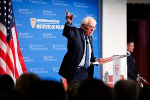 Bernie Sanders speaks in the John F. Kennedy Jr. Forum at Harvard Kennedy School.