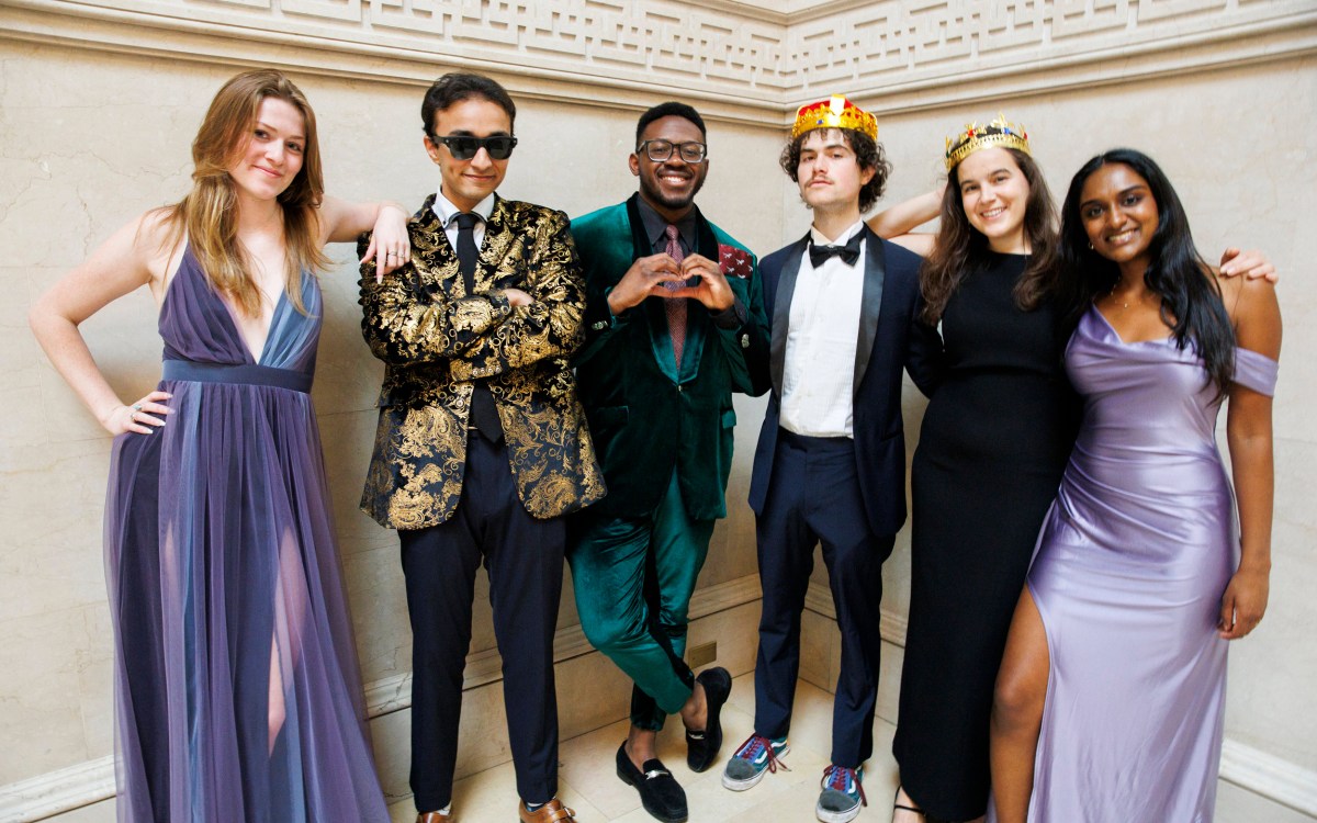 They include Madison Pankey (all ’24, from left), Fez S. Zafar, Chibuikem C. “Chuby” Uche, Jeremy Ornstein, Saylor Willauer, and Shruthi Kumar model their prom attire.