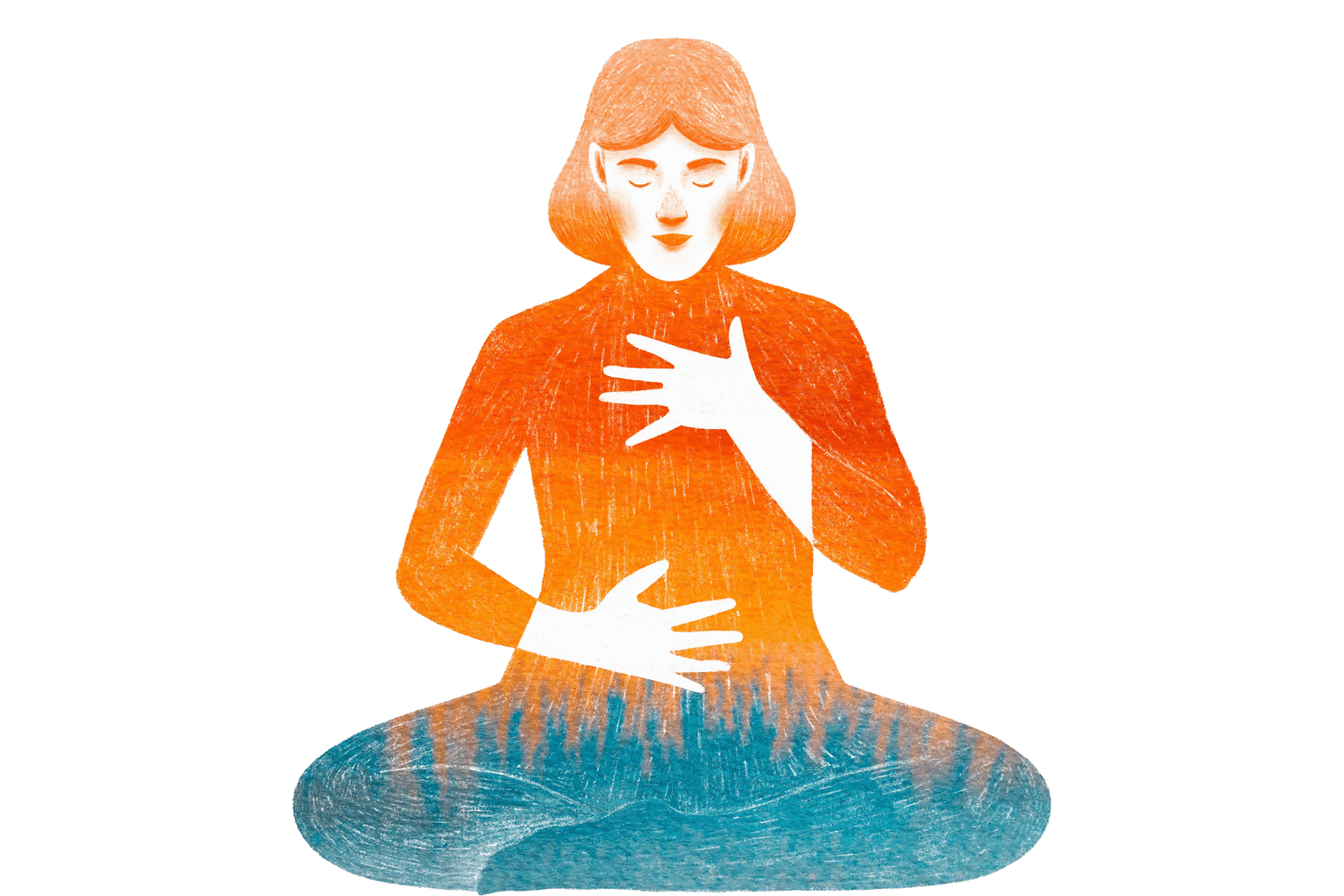 Illustration of a person holding chest and stomach while in lotus position.