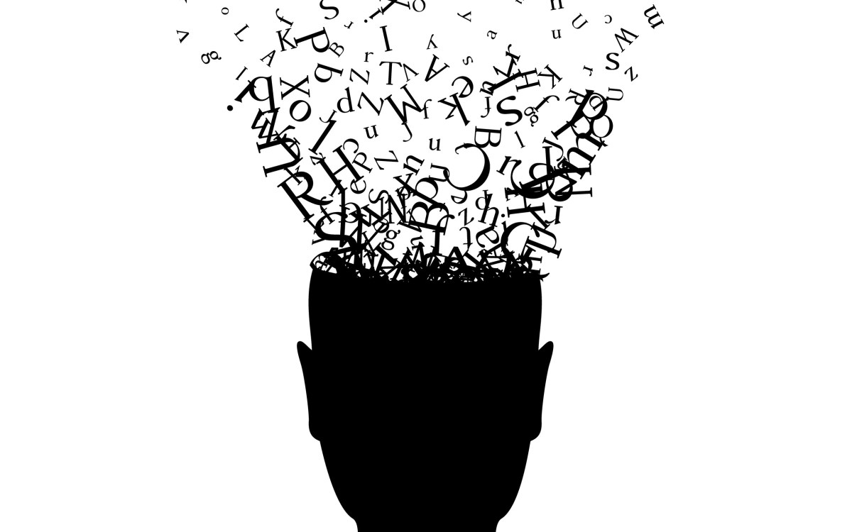 Illustration of man with letters flowing into his brain.