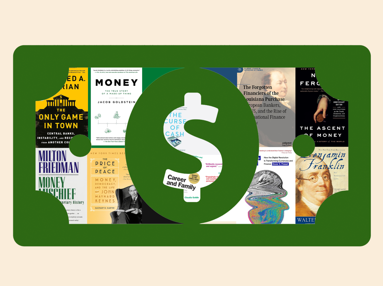 Collage of book covers about money.