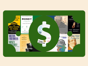 Collage of book covers about money.