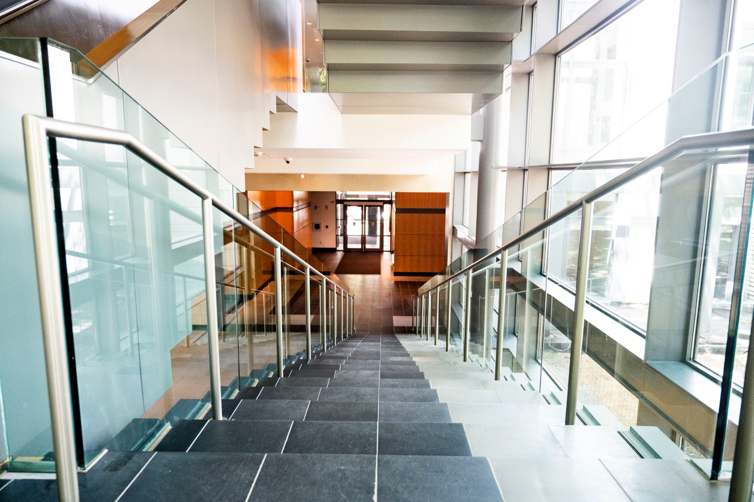 Stairwell of Inside the David E. and Stacey L. Goel Quantum Science and Engineering Building.