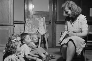 Story hour at a 1940s childcare center in Connecticut.