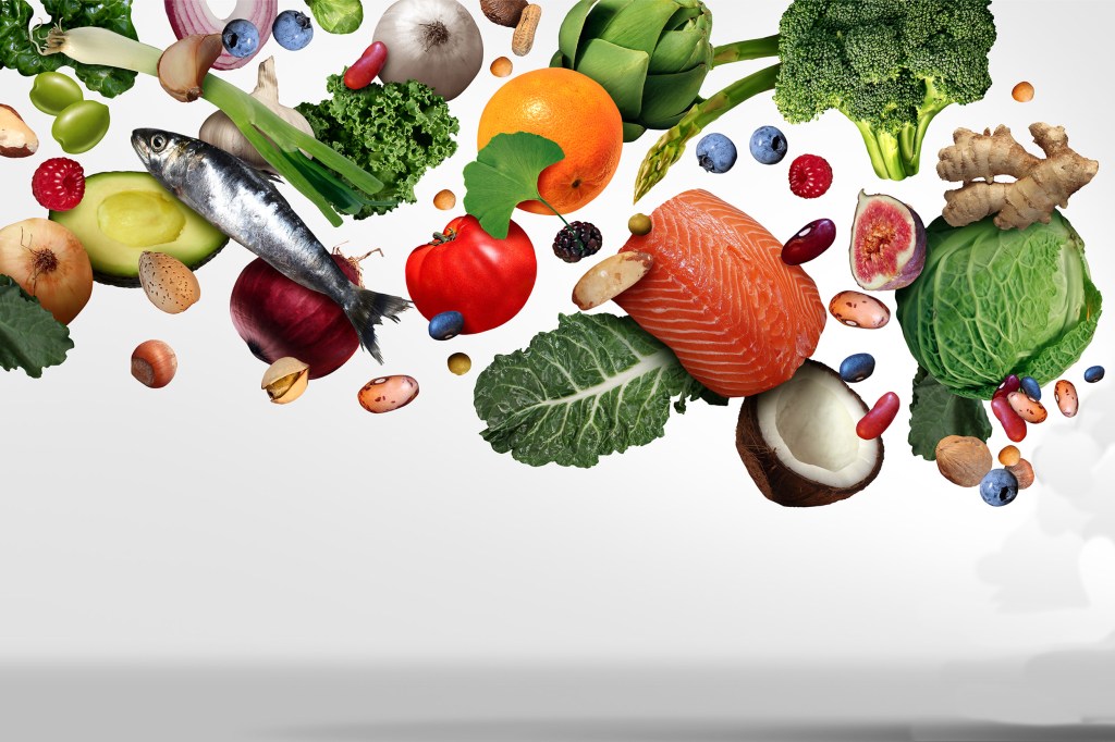 Fish, fruit, and vegetables high in essential vitamins and minerals.