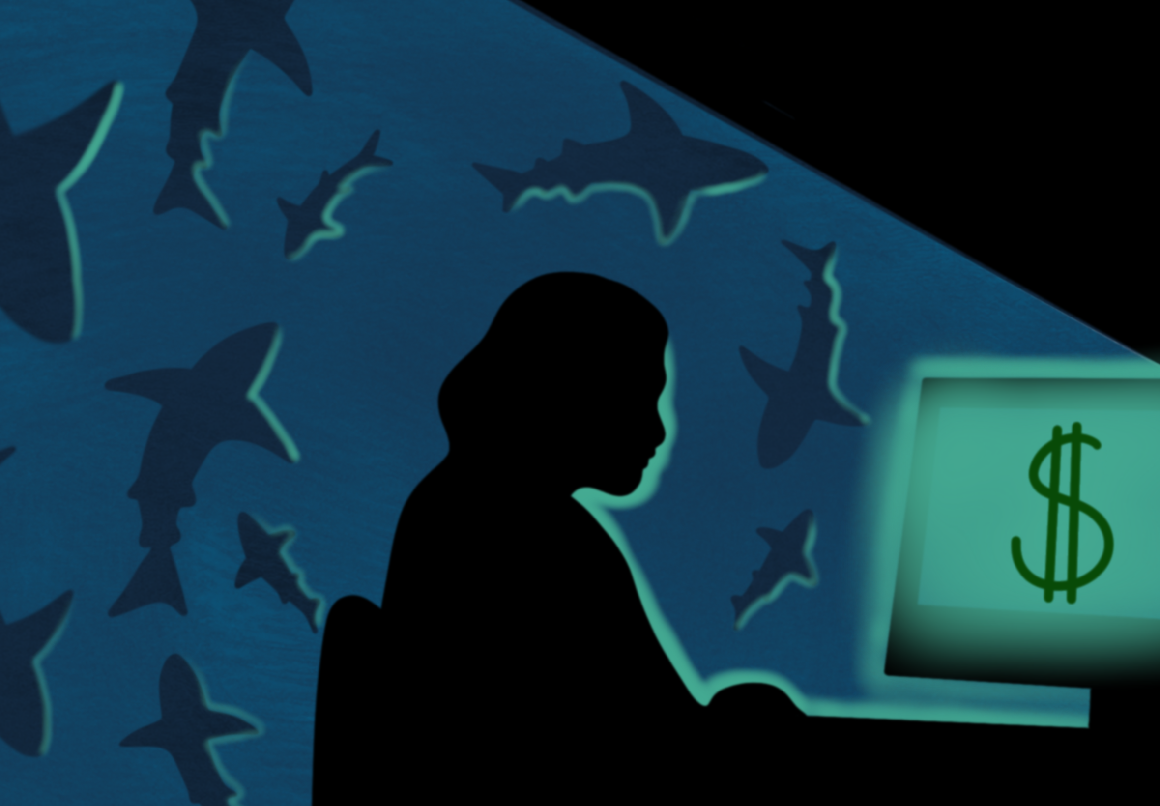 person looking at a computer screen with a dollar sign, surrounded by sharks. 