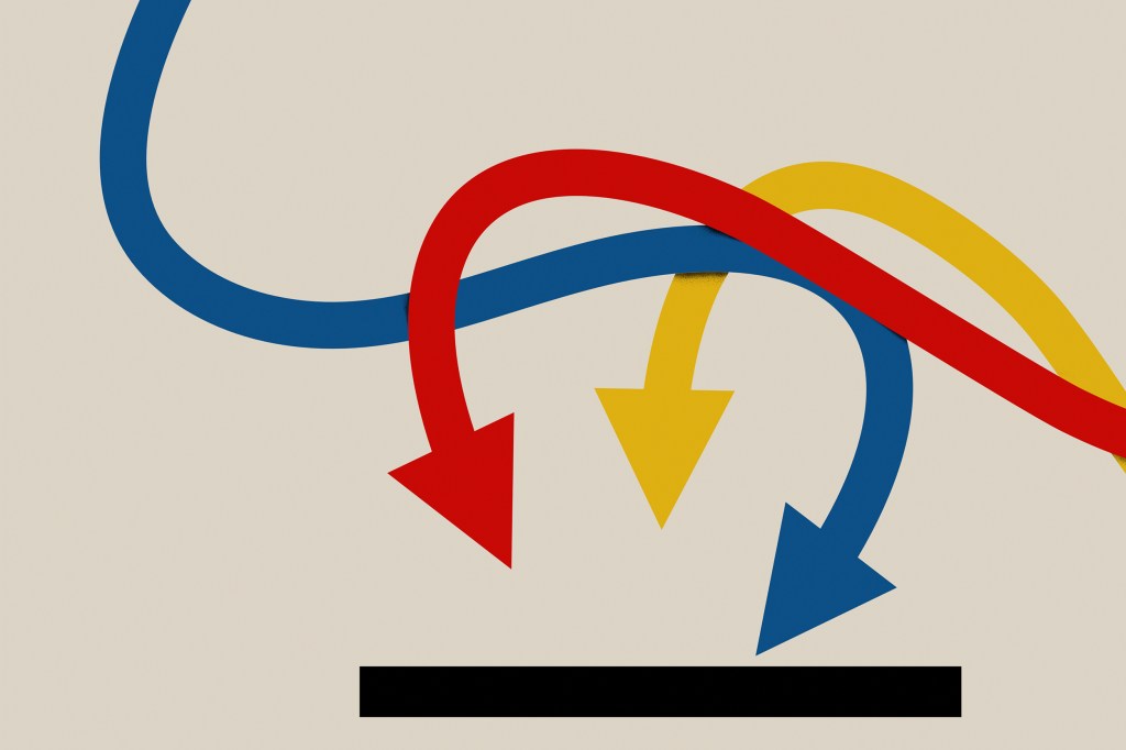 Illustration of red, blue, and yellow arrows pointing to a ballot box slot.