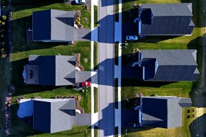 Aerial view of houses.