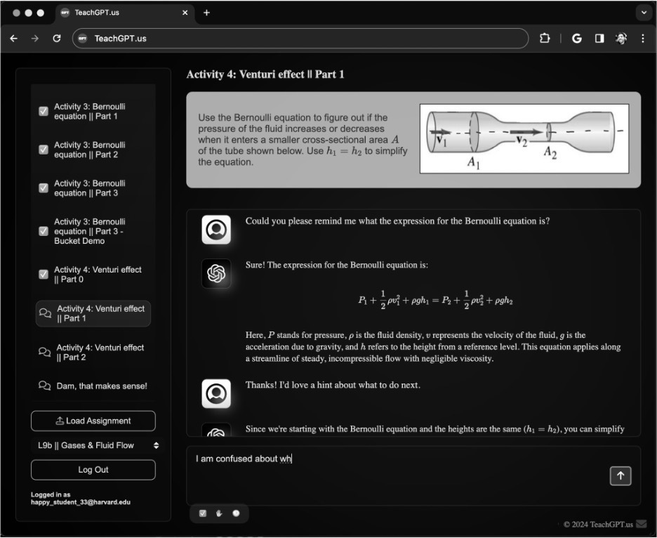 The customized AI tutor system students used during the experiment.

The main screen shows a chat interaction with the AI bot. And the left column has a list of activities.  