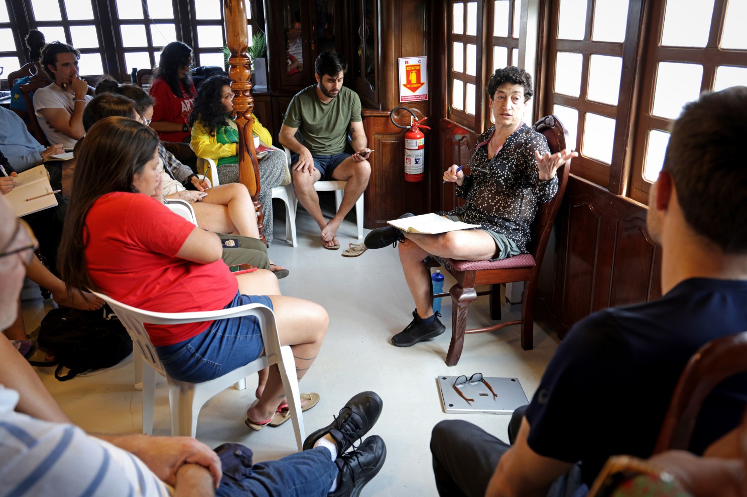 Naomi Oreskes speaks on the boat Victória Amazônica as it travels along the Amazon River. 