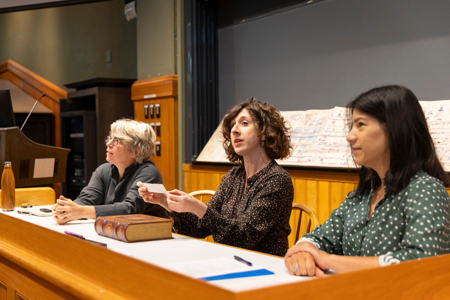 Jill Lepore (from left), Kirsten Weld, and Maya Jasanoff teaching their class.