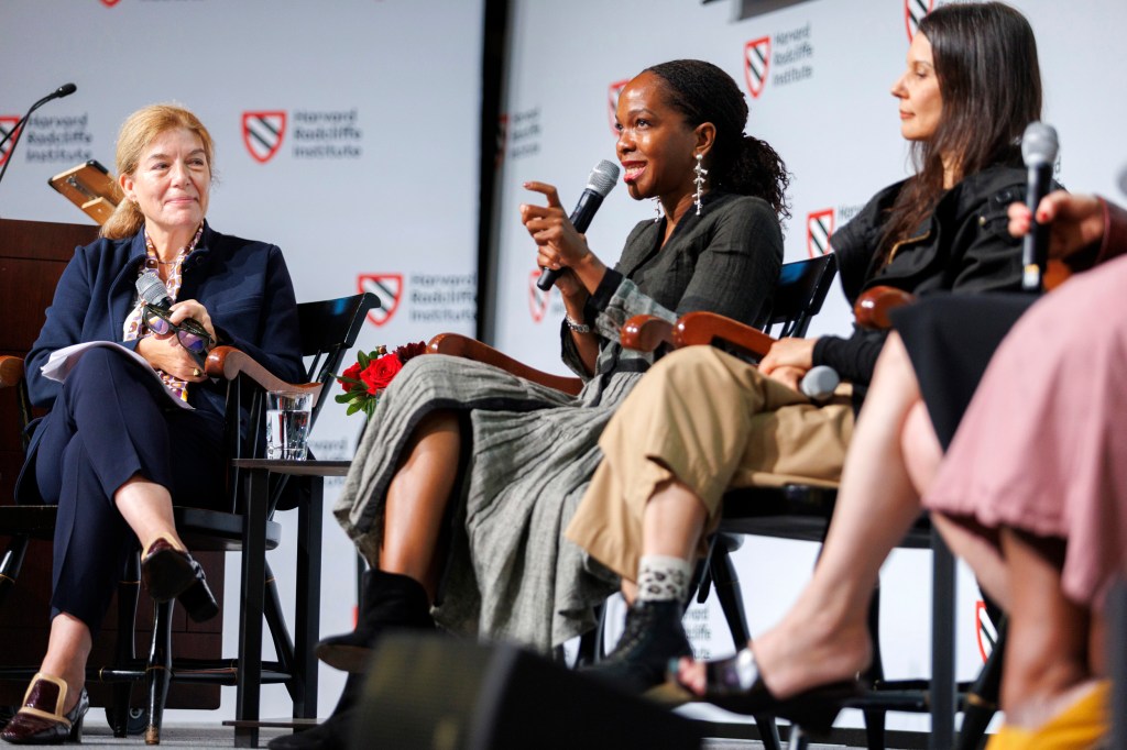 Claire Messud (from left) with speakers Imani Perry and Clarissa Tossin onstage at the Knafel Center.